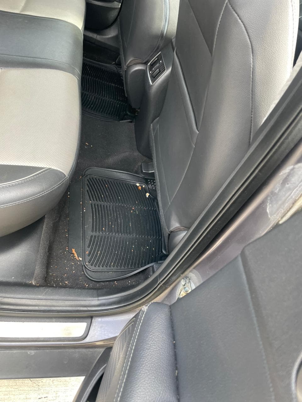 Car back-seat footwells and mats — before cleaning